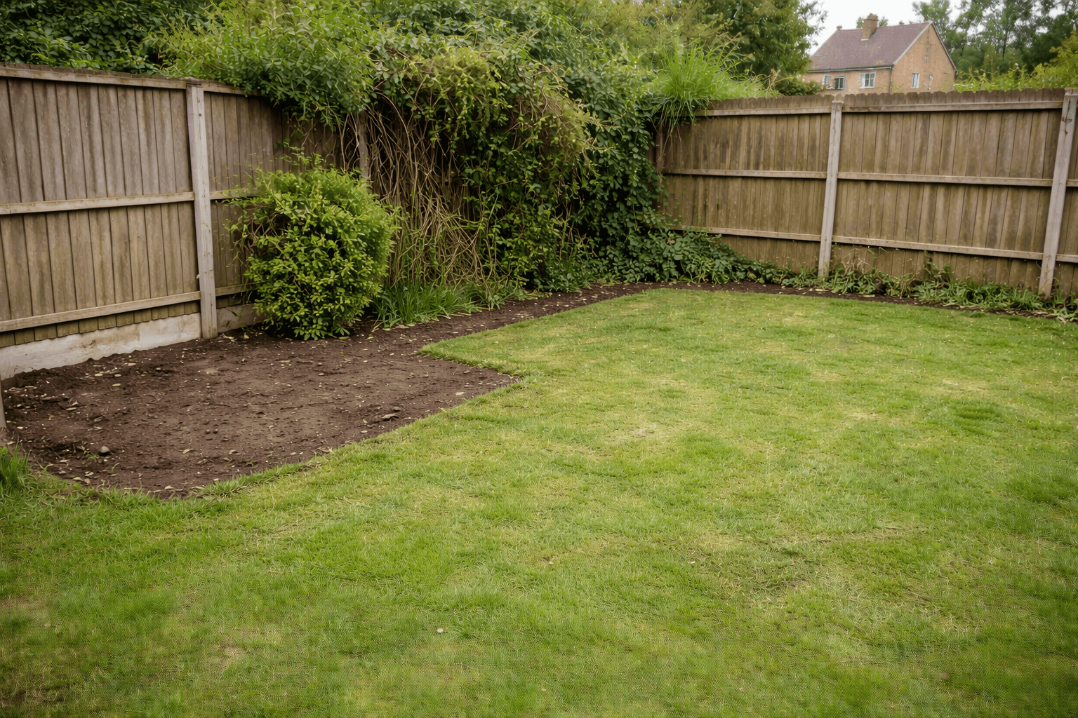 Same garden cleared with tidy lawn