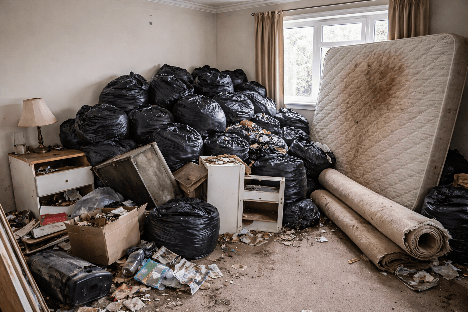 Room piled with bin bags, old mattress, and household rubbish