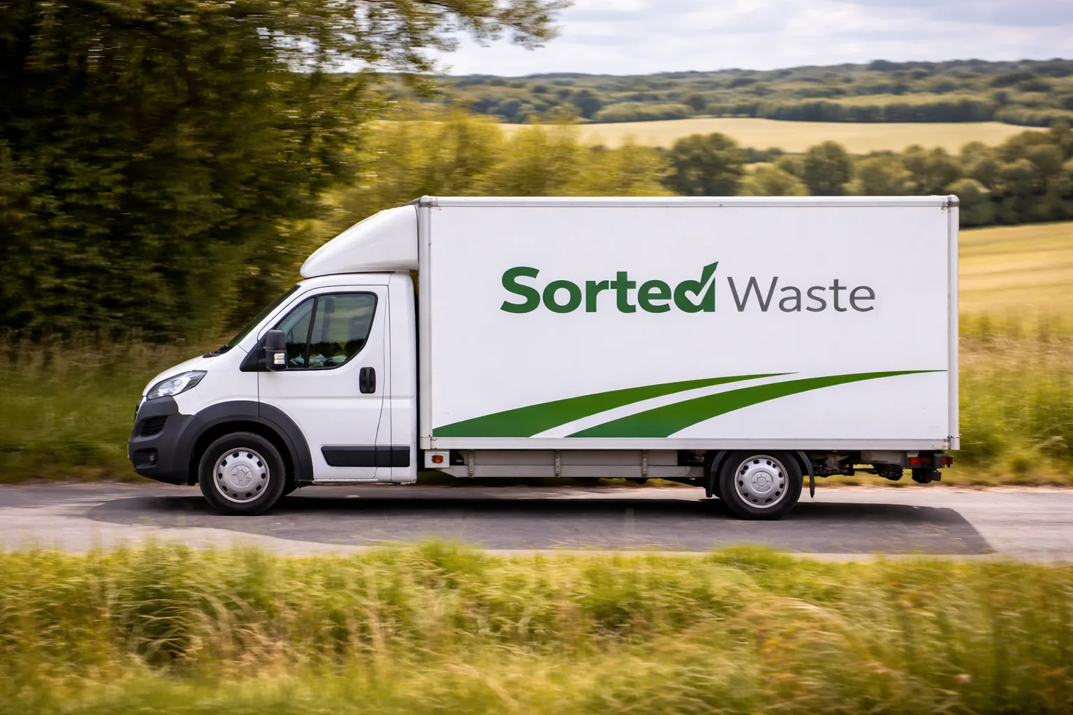 Waste clearance van driving through Somerset countryside