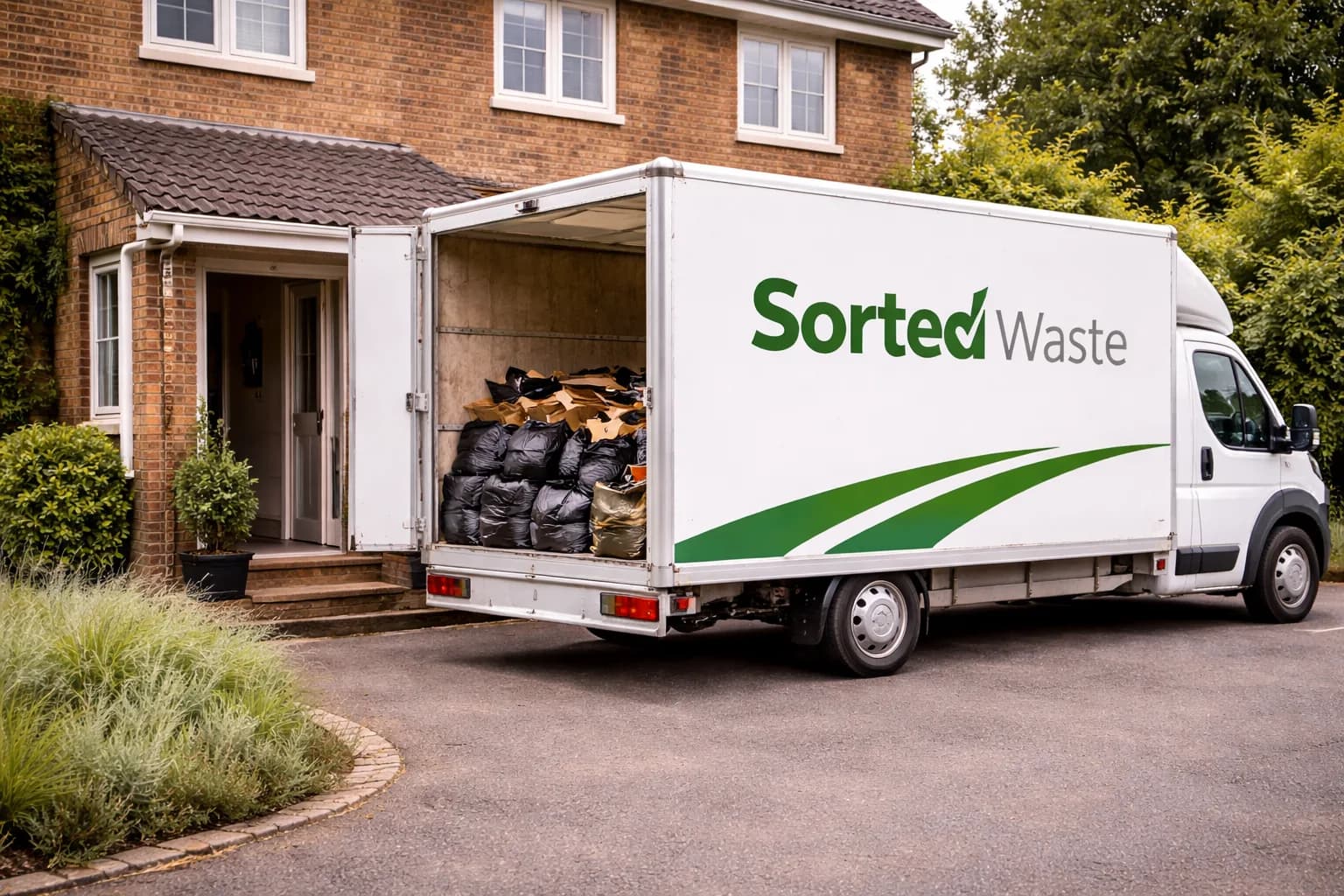 A waste clearance van loaded with rubbish on a residential driveway