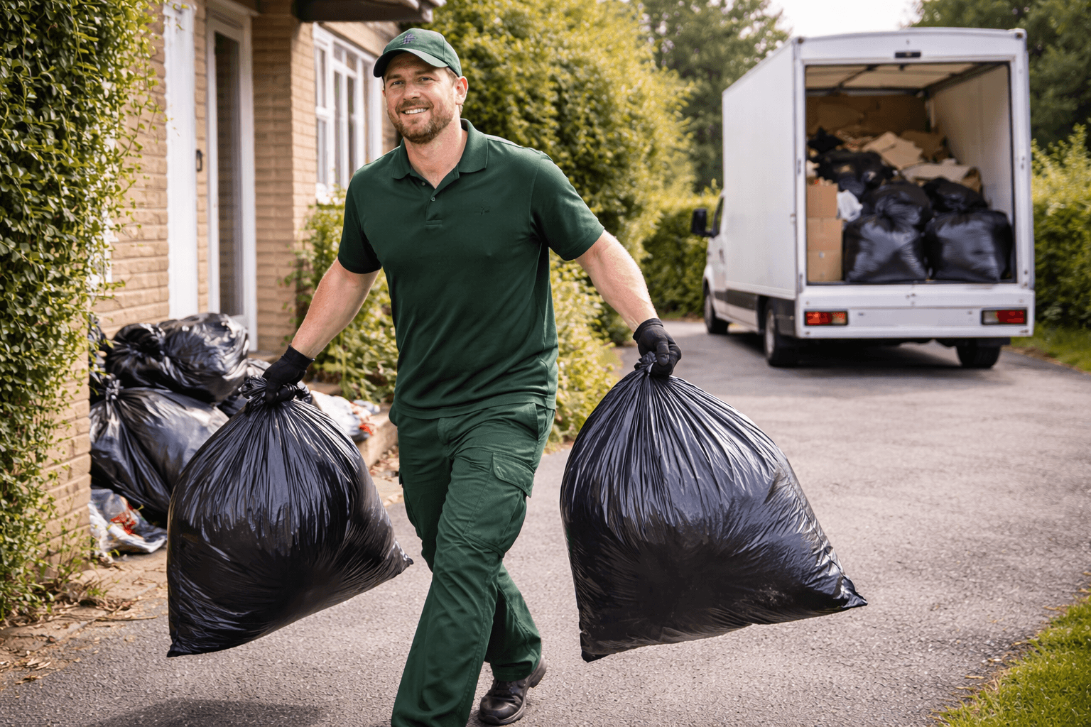 Worker carrying bin bags of rubbish to clearance van
