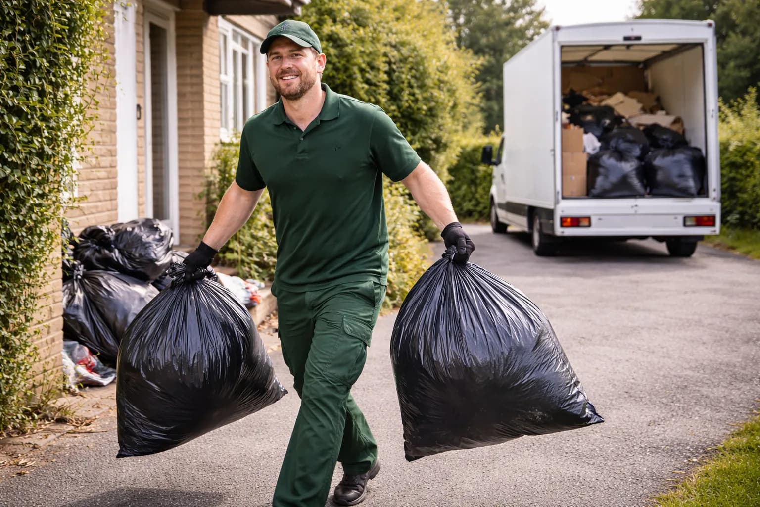 Worker carrying bin bags of rubbish to clearance van