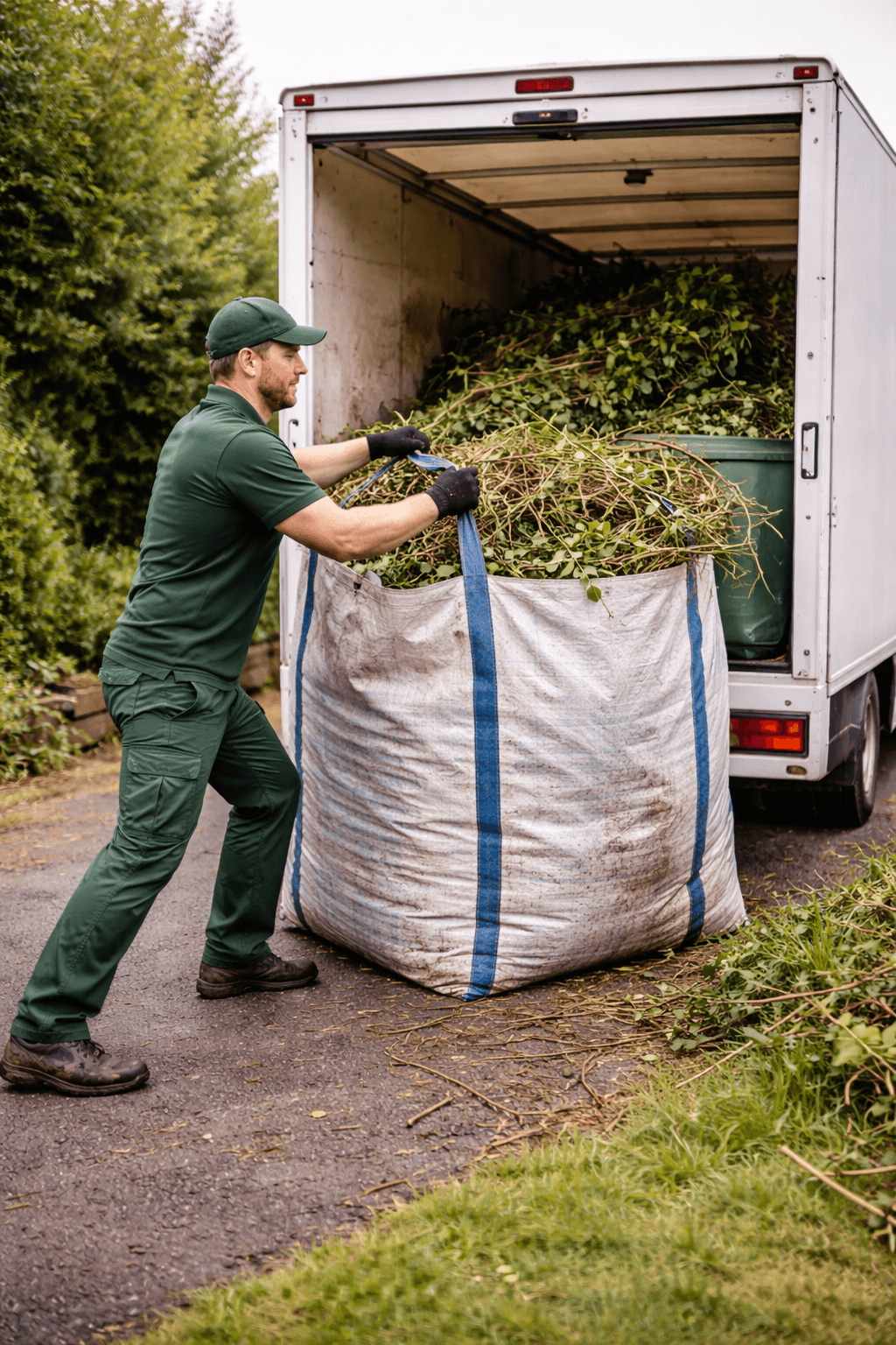 Worker loading garden waste into van